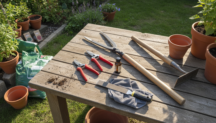 Overhead view of garden tools laid out beside a sharpening file and cloth.