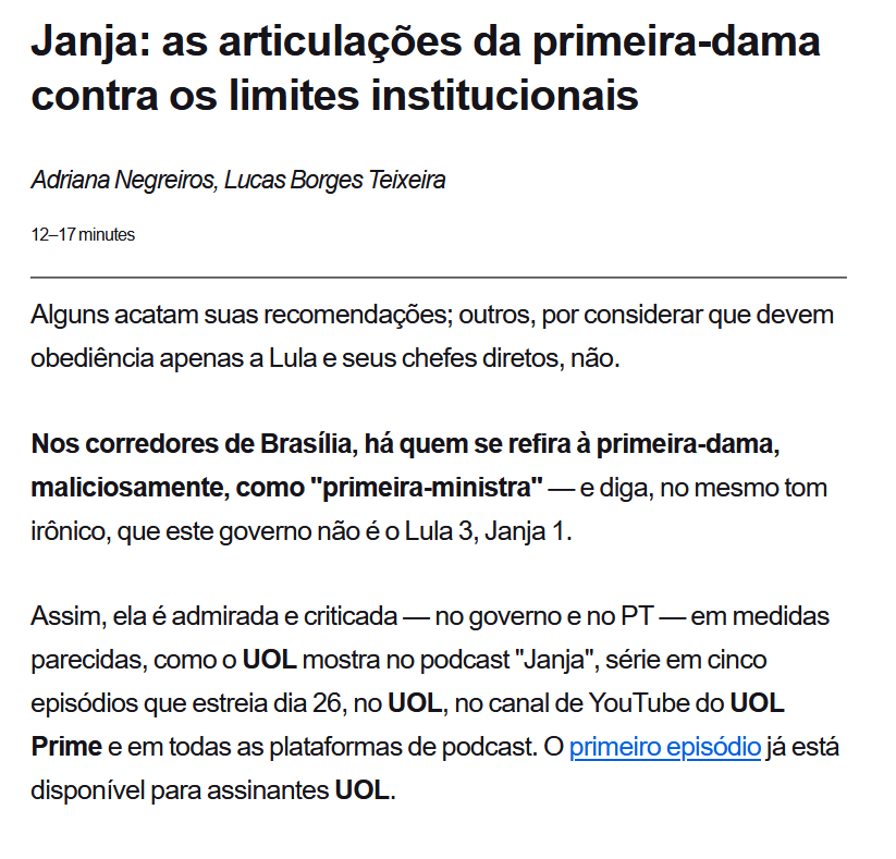 Fonte: https://tab.uol.com.br/noticias/redacao/2024/11/23/janja-por-que-ela-incomoda-tanta-gente.htm