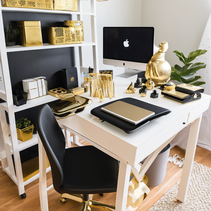 A black, gold, and white workspace with a cricut and commercial heat press.jpg