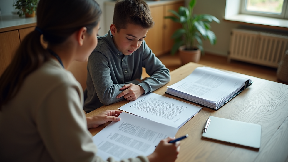 High angle view of family discussing immigration documents