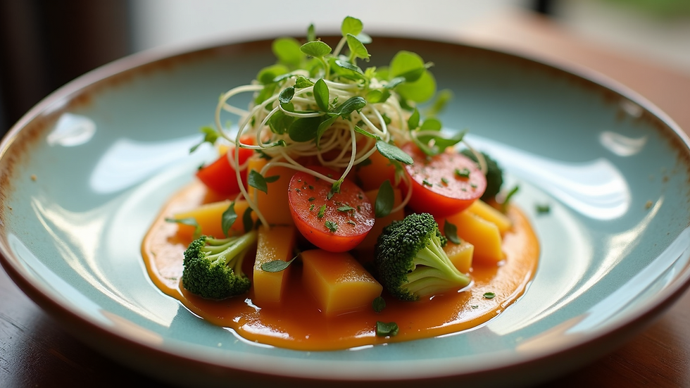 High angle view of a vibrant seasonal dish served at the bistro