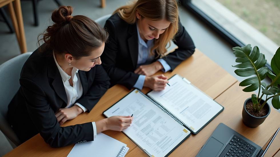 High angle view of a couple reviewing documents together at a desk