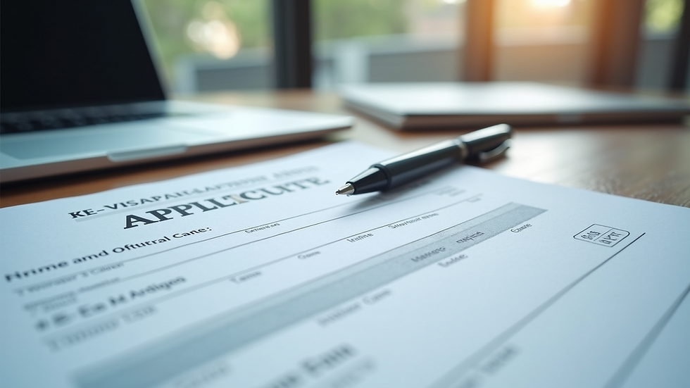 Close-up view of visa application forms and a pen on a desk