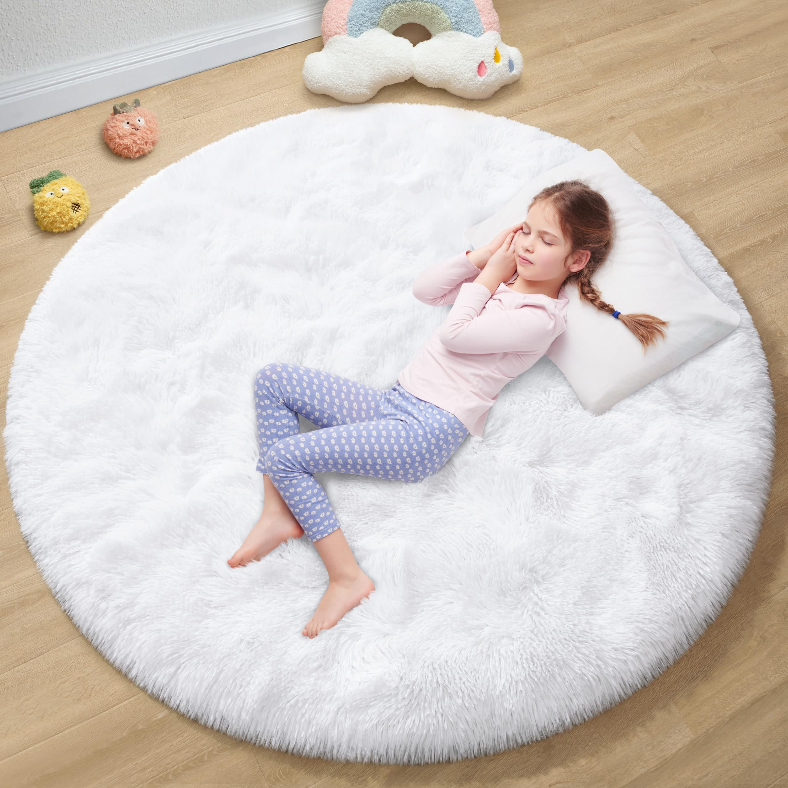 White Fluffy Round Rug for Kids Room 4x4