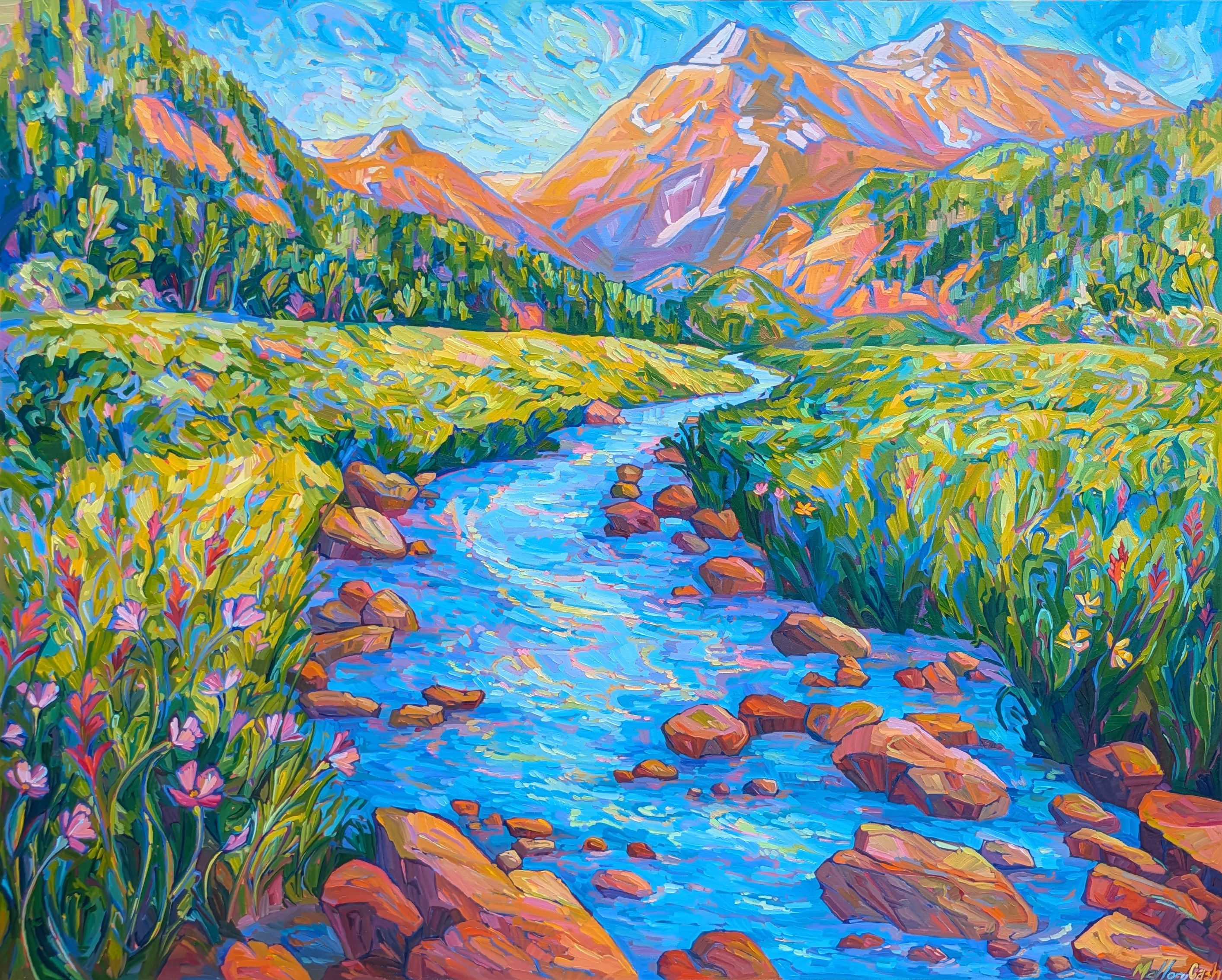 original oil painting, rocky mountain national park painting, river painting, rocky mountain national park impressionistic