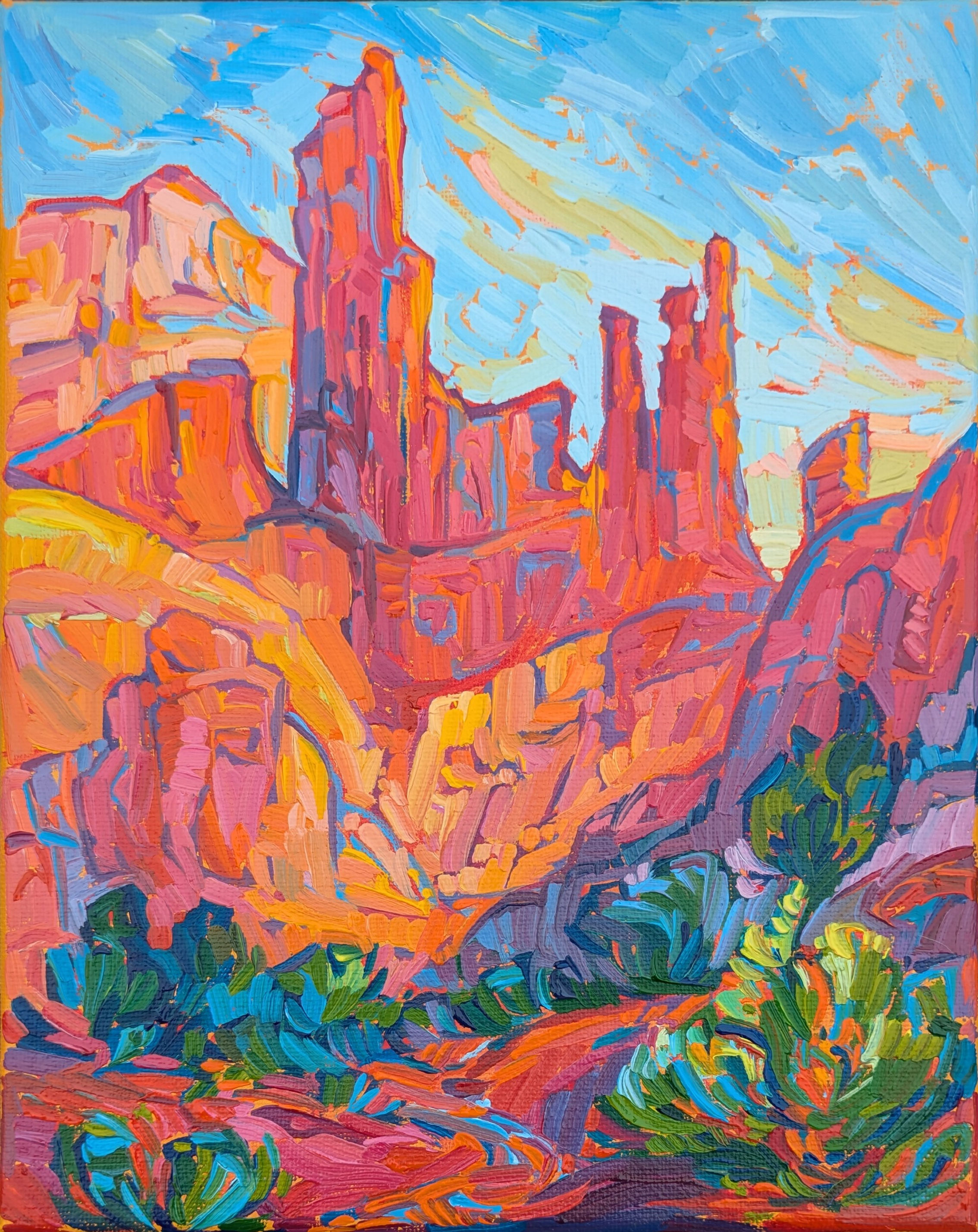 A vibrant impressionist-style painting of Fisher Towers in red, orange, and pink hues, set against a blue sky