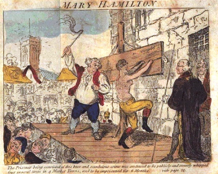 Illustration of Hamilton (center) being publicly whipped as punishment (1813).