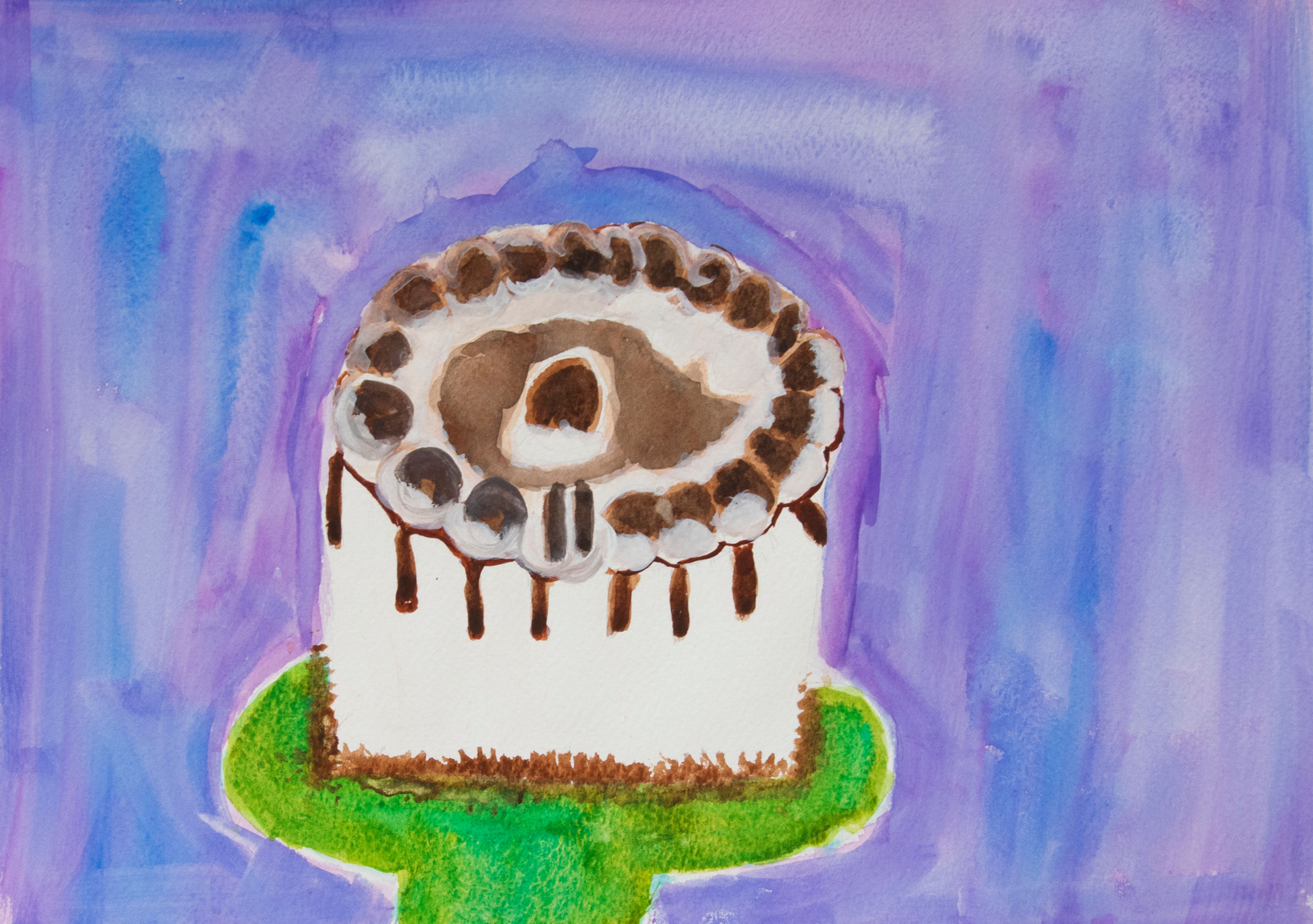 Painting of white cake with chocolate frosting and drips