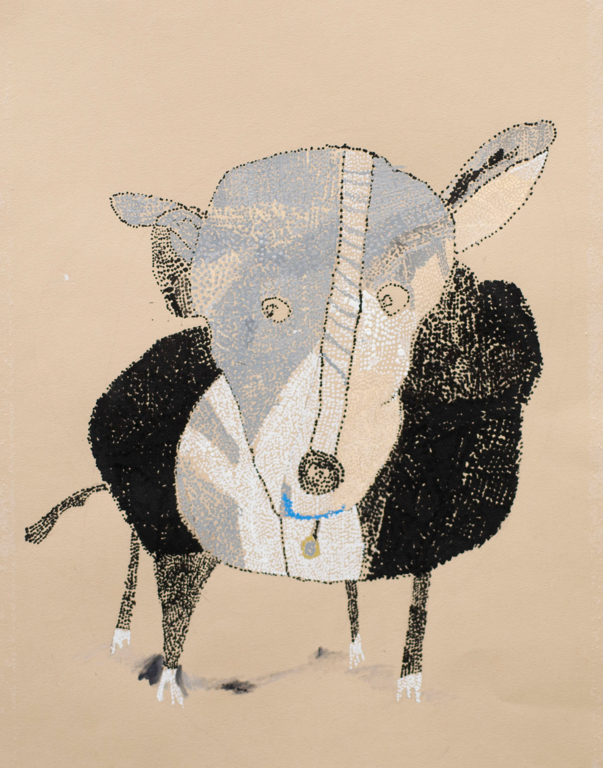 Stylized animal with grey face, dark body, and blue collar