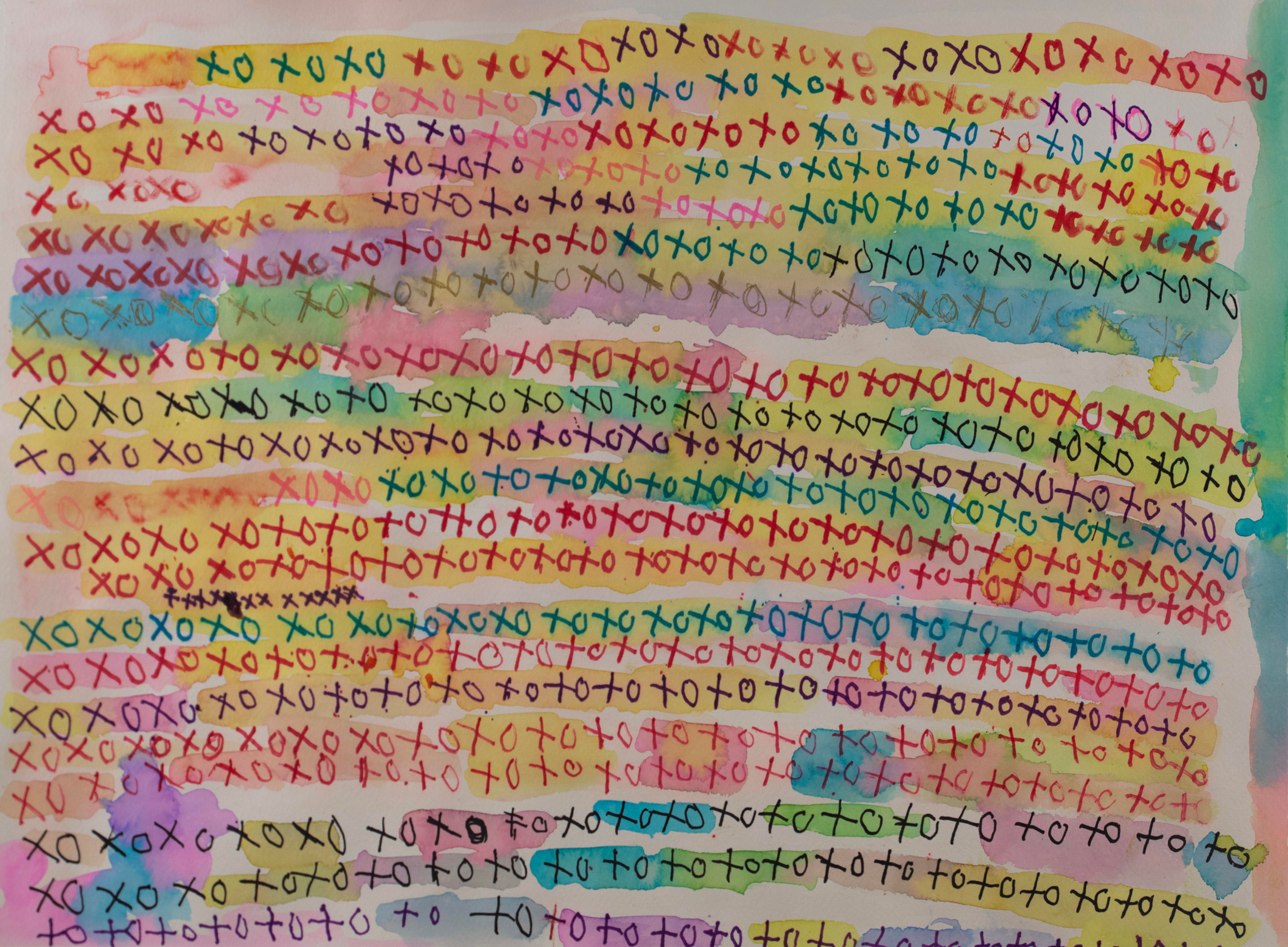 Handwritten xoxo and toto patterns on colorful background