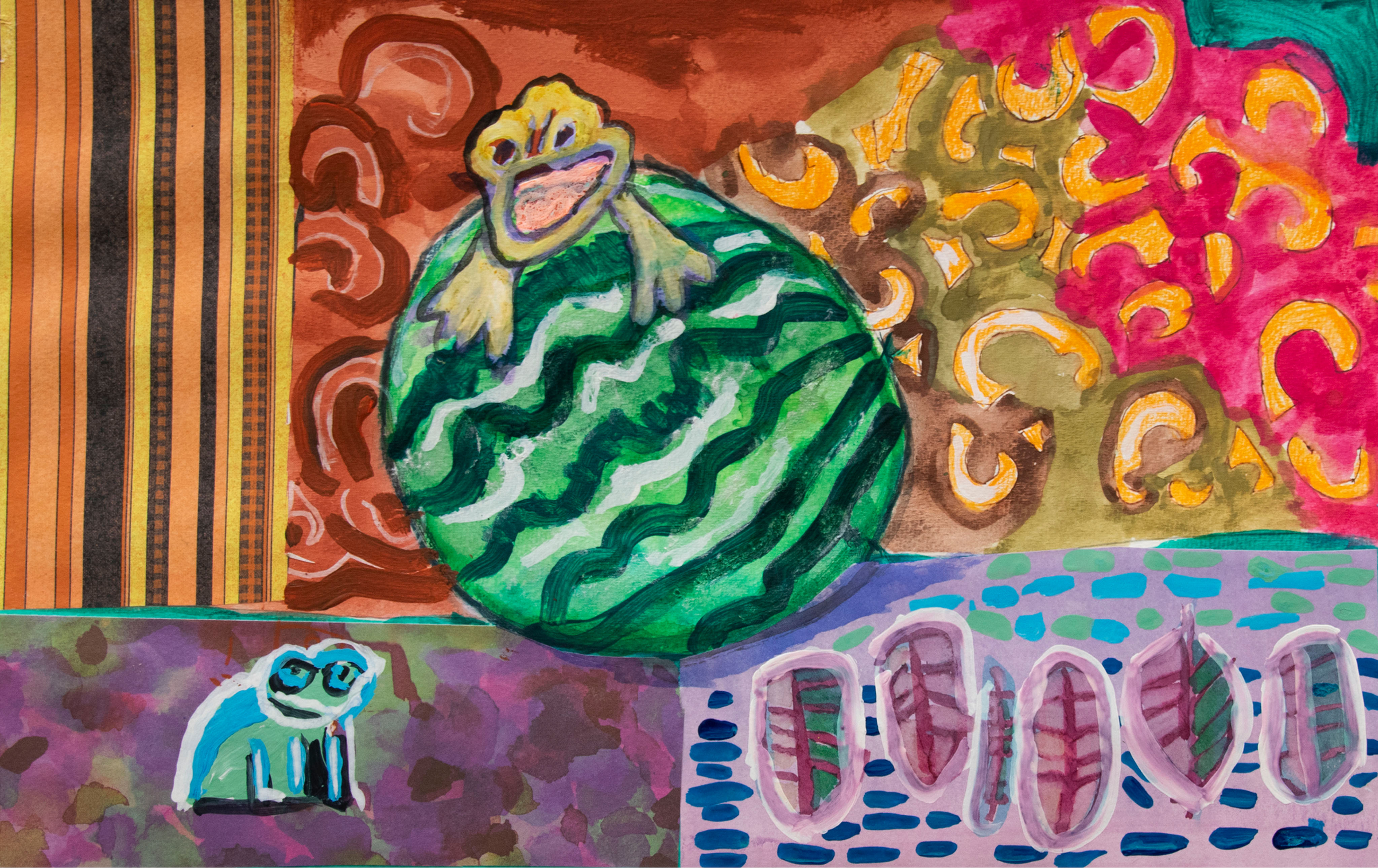 Painting of a frog on a watermelon, blue frog with glasses