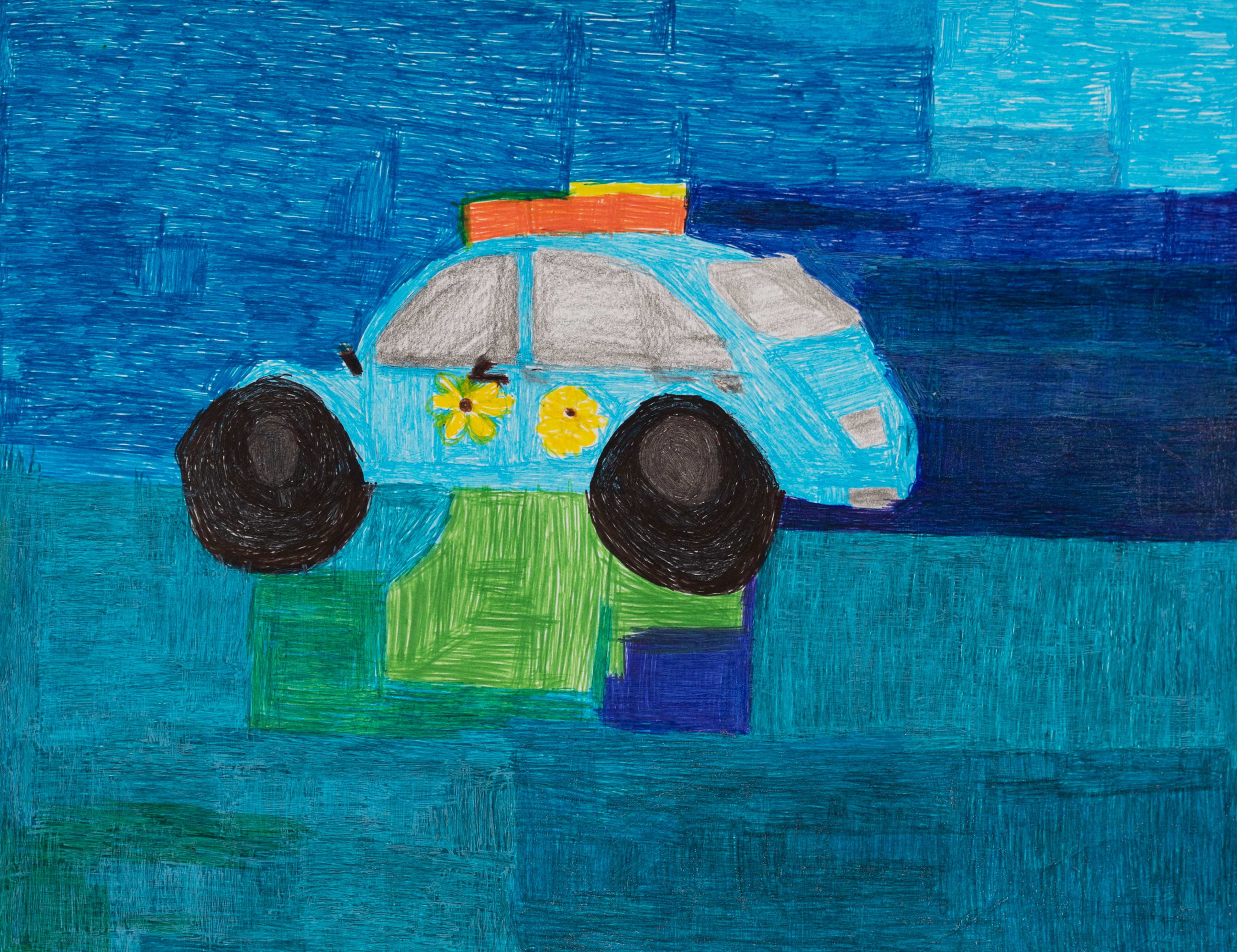 Child's drawing of blue car with flower and colorful background