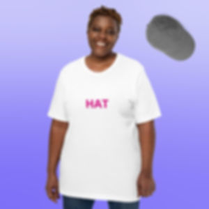 Hat T-shirt, short sleeve, white, small fuchsia writing, all upper case