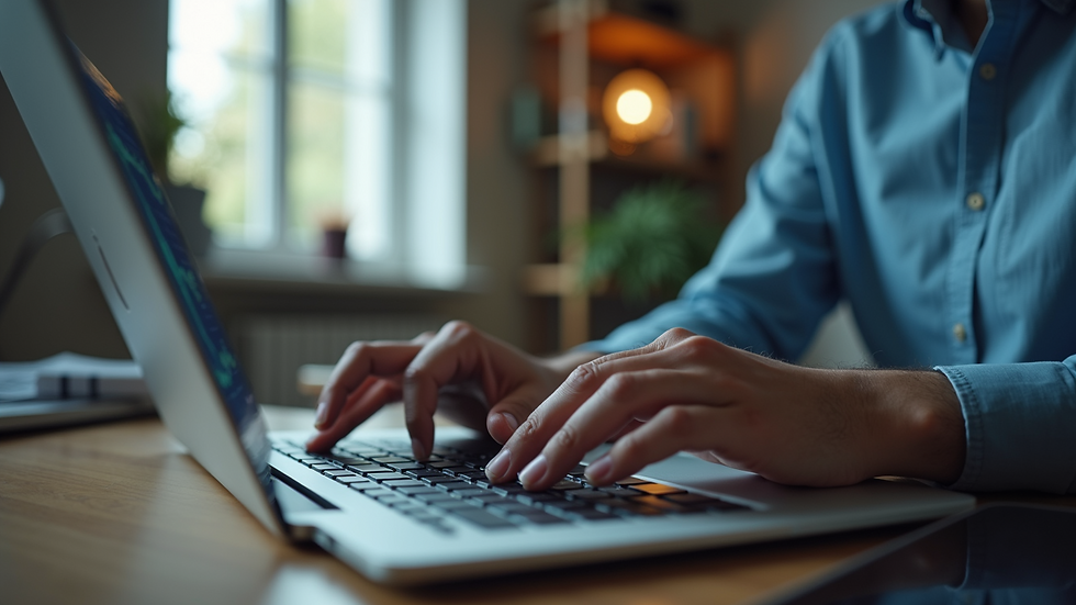 Close-up view of a person typing on a laptop with HR software on screen