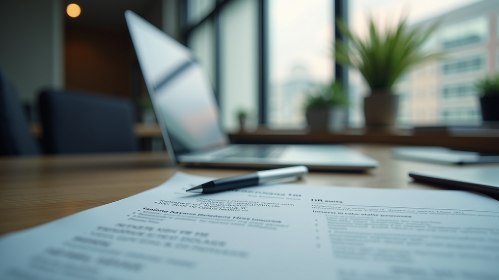Eye-level view of a modern office workspace with a laptop and HR documents