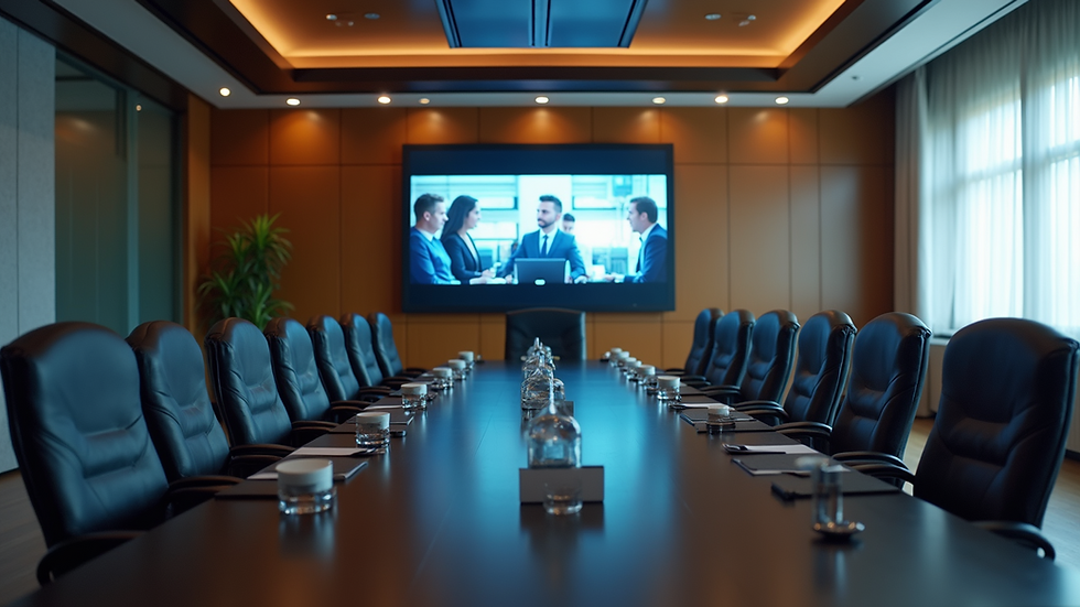 High angle view of a conference room with a large screen showing a video meeting