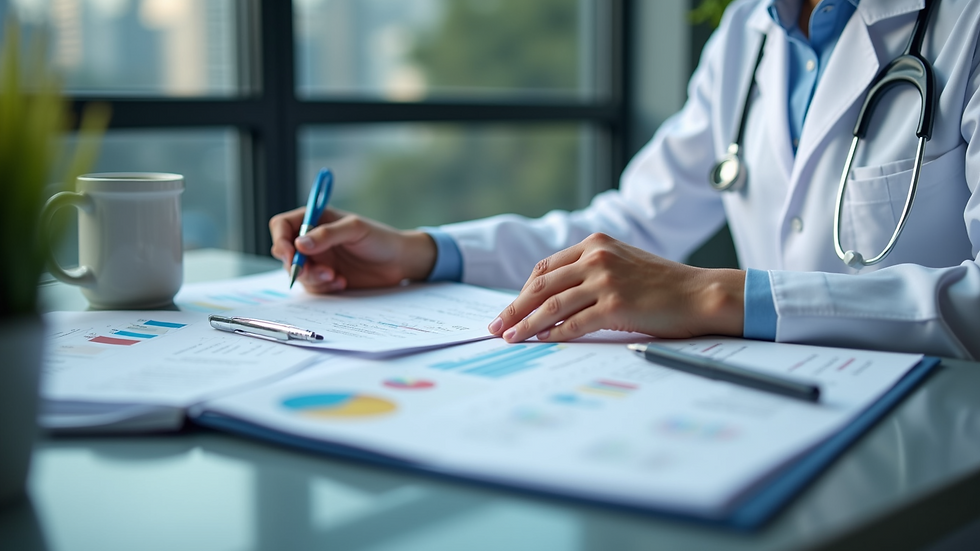 High angle view of a healthcare professional reviewing billing reports