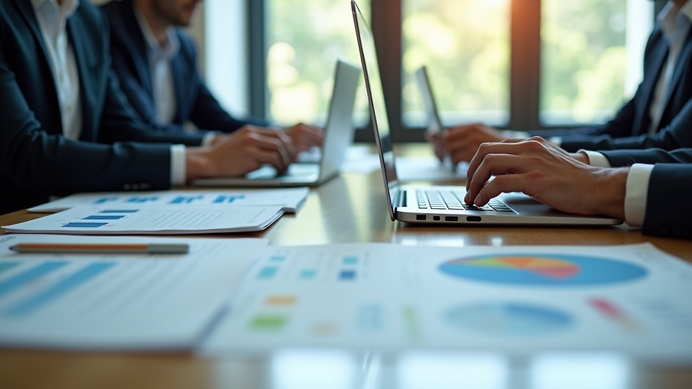 Close-up view of a business meeting with charts and laptops on the table
