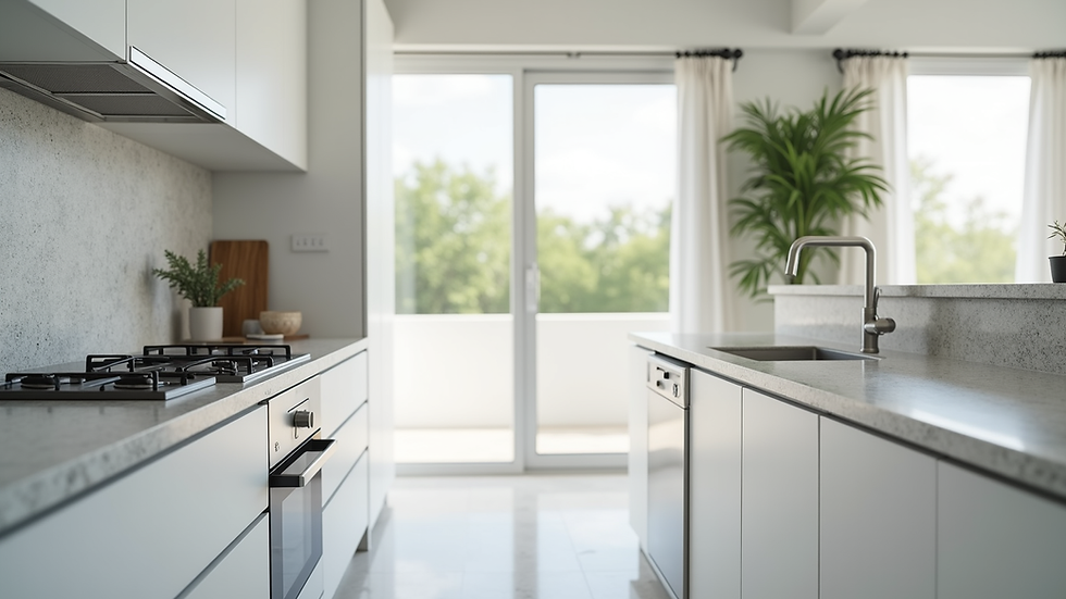 Eye-level view of a modern 10x10 kitchen with white cabinets and granite countertops