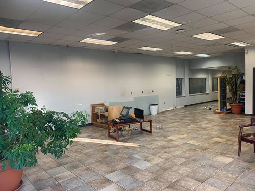 Interior lobby and customer waiting area being renovated at Hogwash Car Wash in Parsippany, NJ