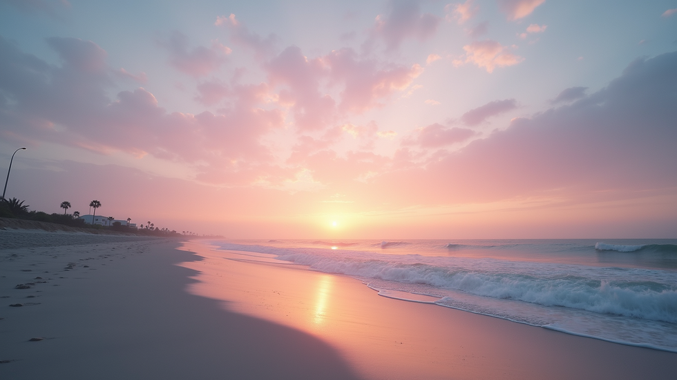 Wide angle view of a quiet beach at sunset with soft pastel colors