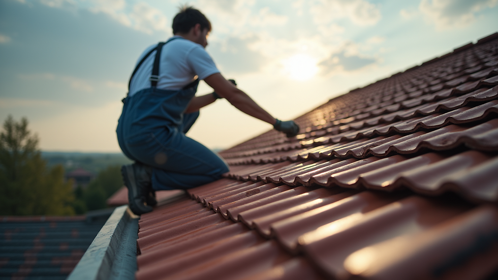 Close-up view of a roofer installing tiles on a pitched roof
