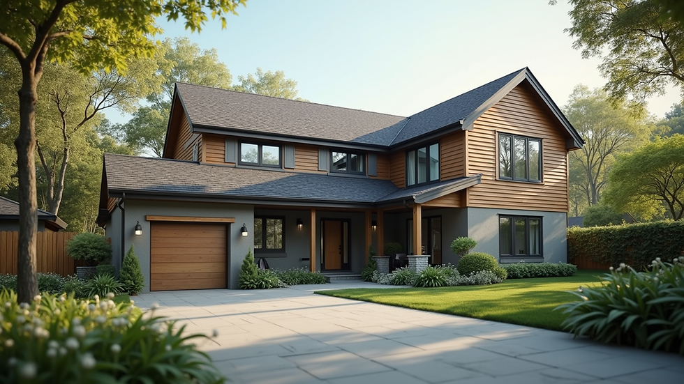 Eye-level view of a modern house exterior with new roofing