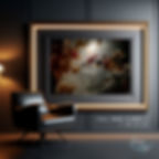 An elegant dark-coloured room with a leather armchair and a large picture in the background showing flowers in the full moon.