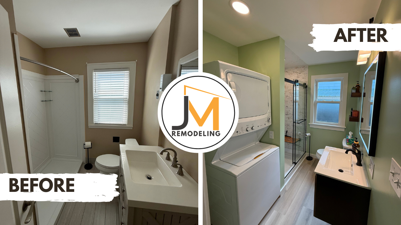 Actual JM bathroom before and after comparison, labeled before and after