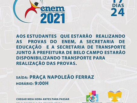 PREFEITURA ESTARÁ DISPONIBILIZANDO TRANSPORTE PARA REALIZAÇÃO DO ENEM