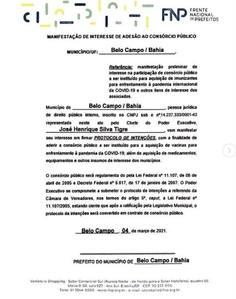 PREFEITO QUINHO FAZ ADESÃO AO CONSÓRCIO DA FRENTE NACIONAL DE PREFEITOS