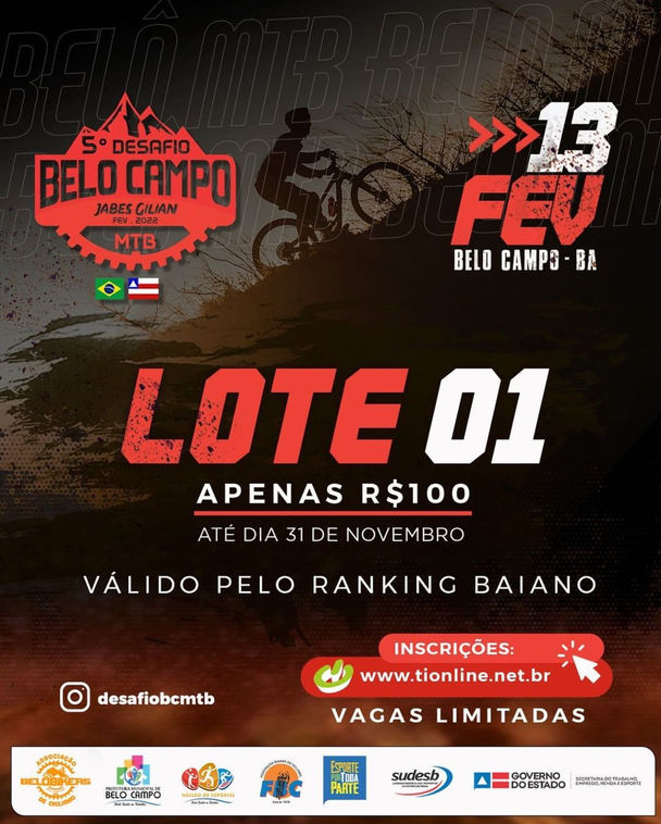 ESTÃO ABERTAS AS INSCRIÇÕES DO PRIMEIRO LOTE DO 5° DESAFIO BELO CAMPO JABES GILIAN DE MTB.
