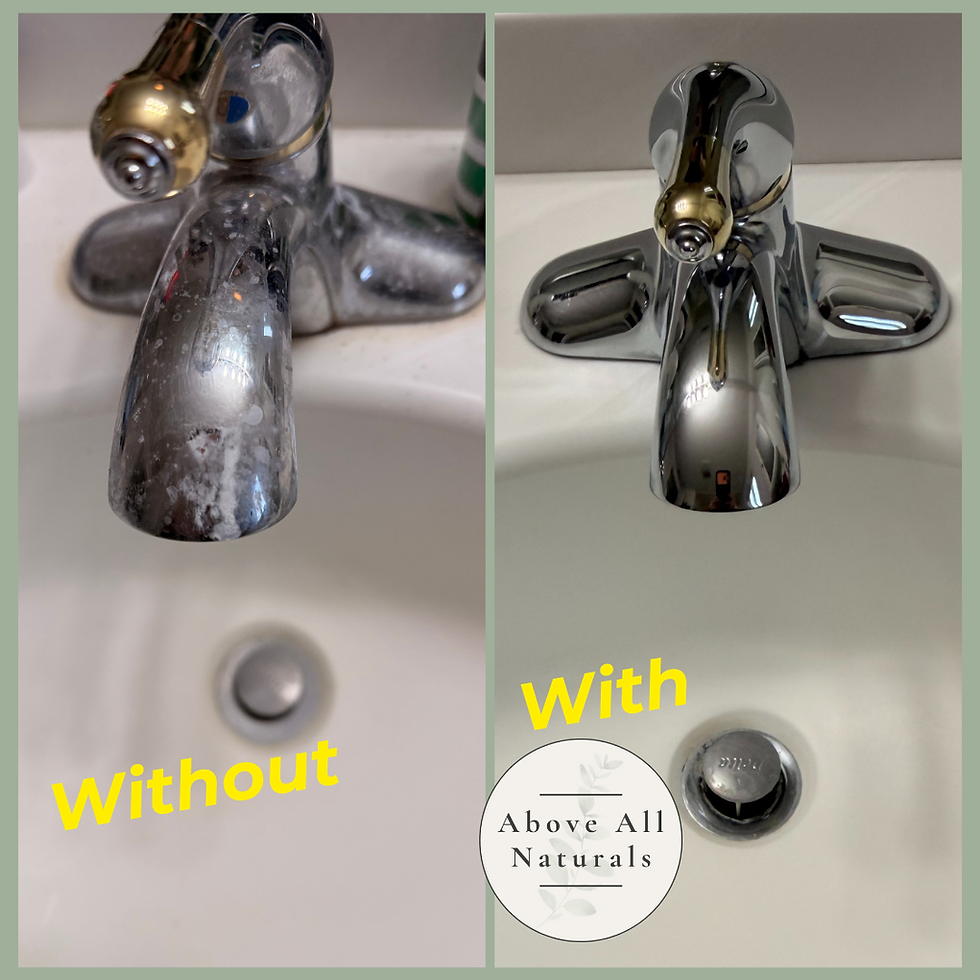 Thumbnail: side by side images of a bathroom faucet before and after being cleaned with above all naturals all purpose clean