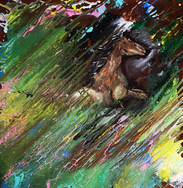 Bild in Acryl Pouring Technik mit wildem Pferd