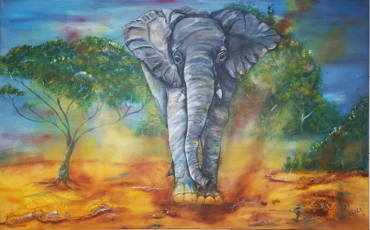 Acrylbild, Elefant in afrikanischer Landschaft