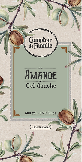 Refonte étiquette gel douche Amande Comptoir de Famille — style naturel et botanique, éclAure création