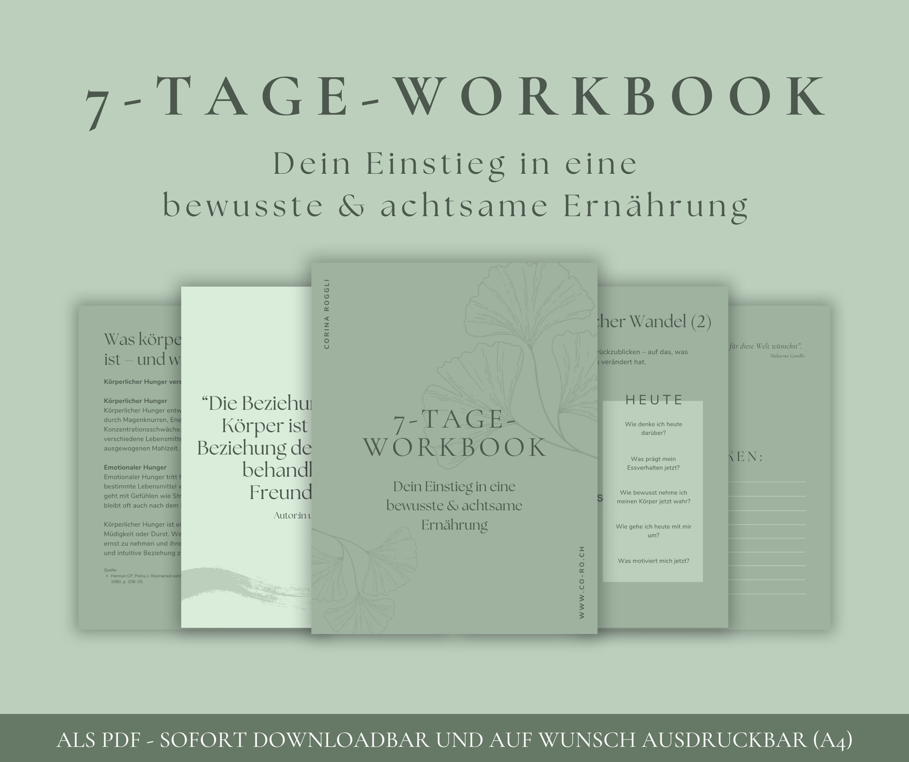 Cover und Beispielseiten aus dem Workbook mit Aufgaben, Reflexionen, Zitaten, Ernährungstipps und Achtsamkeitsübungen.