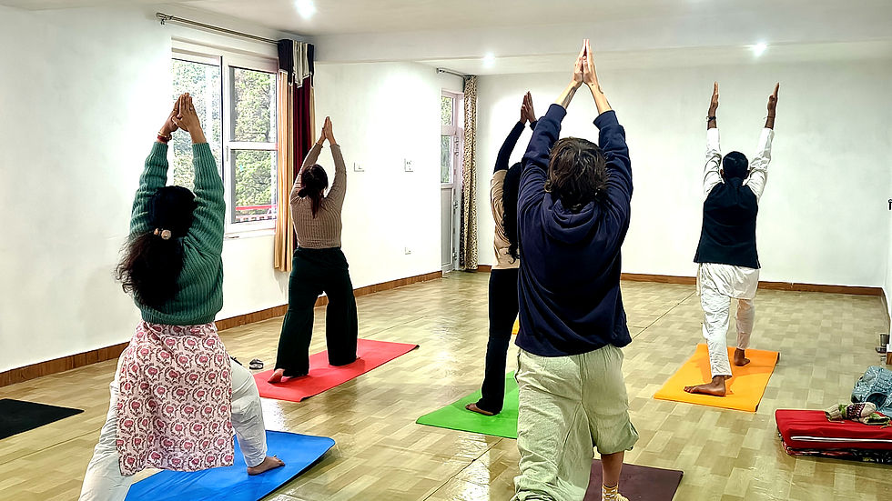 Peaceful view of Om Yoga Ashram Dharamshala featuring yoga retreat facilities, Himalayan landscapes, organic food, and spiritual wellness experiences.