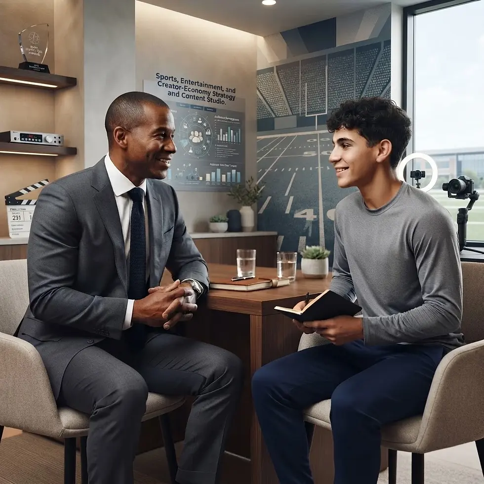 Studio photography of two men engaged in conversation at a table, set up for content creation. The scene suggests a professional interview or discussion.
