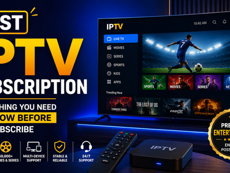 Best IPTV subscription dashboard showing live TV, movies, series, and sports on a smart TV with an IPTV set top box and remote
