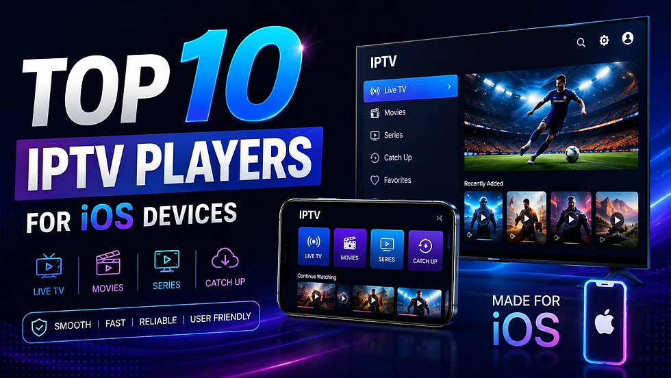 Top 10 IPTV players for iOS devices — iPhone screen showing live TV, movies, and series with popular IPTV app icons