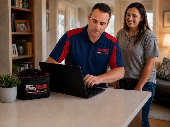 Friendly and professional in-home computer repair and IT support from Indy Tech Visit, showing technician Bryan resolving a laptop issue for a residential client.