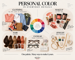 อินโฟกราฟิกแสดงการนำ Personal Color ไปใช้กับเสื้อผ้า เครื่องสำอาง สีผม เครื่องประดับ แว่น และคอนแทคเลนส์