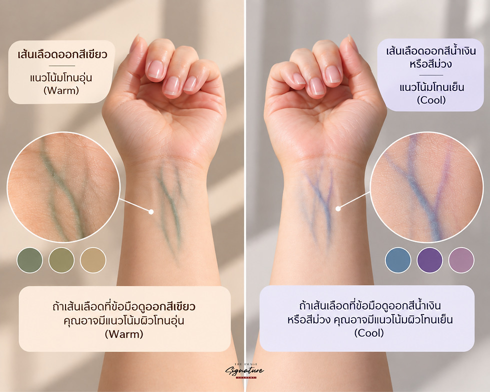 สีเส้นเลือดบริเวณข้อมือสามารถใช้สังเกตแนวโน้มของ Warm Tone และ Cool Tone เบื้องต้นได้ แต่ผลอาจไม่ชัดเจนเหมือนกันในทุกคน