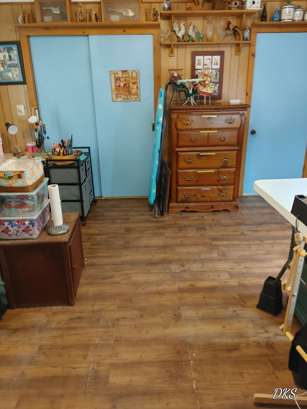 Facing west from the main entrance to the room. The door on the right is to the bathroom and laundry room. The door on the left is a closet.