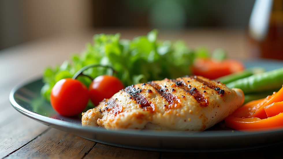 Close-up view of a colorful plate with fresh vegetables and grilled chicken