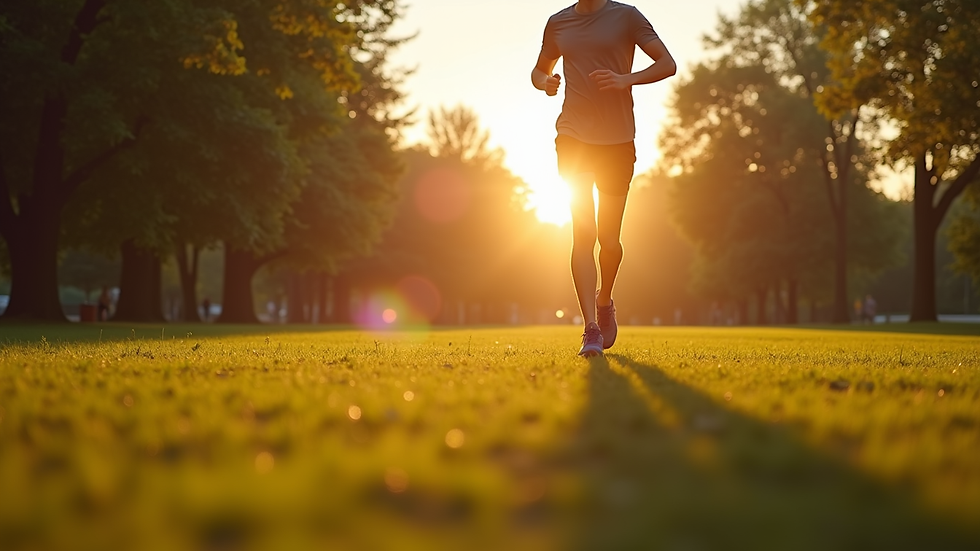 Close-up view of a person jogging in a green park during sunrise