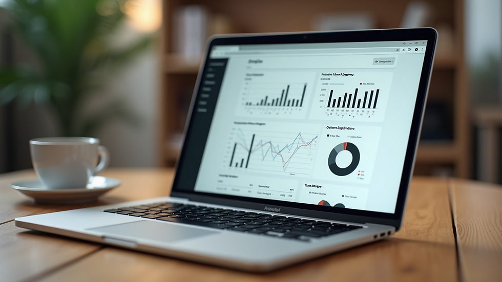 Wide angle view of an open laptop on a wooden table displaying website analytics