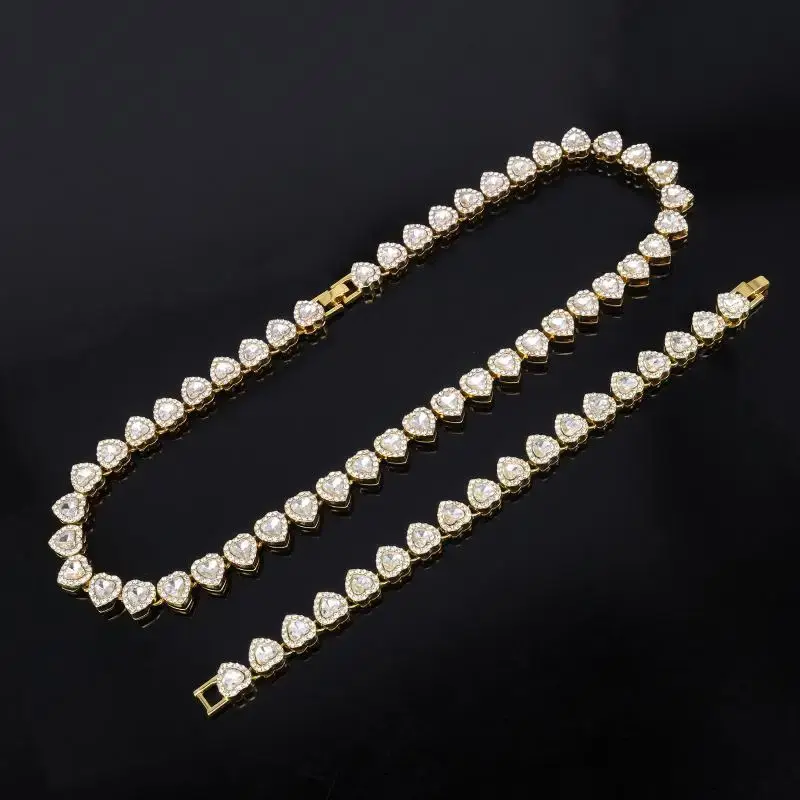 Thumbnail: 45CM New Hip Hop Tennis Chain Bracelet Necklace Shiny Heart Rhinestone CZ Fashio