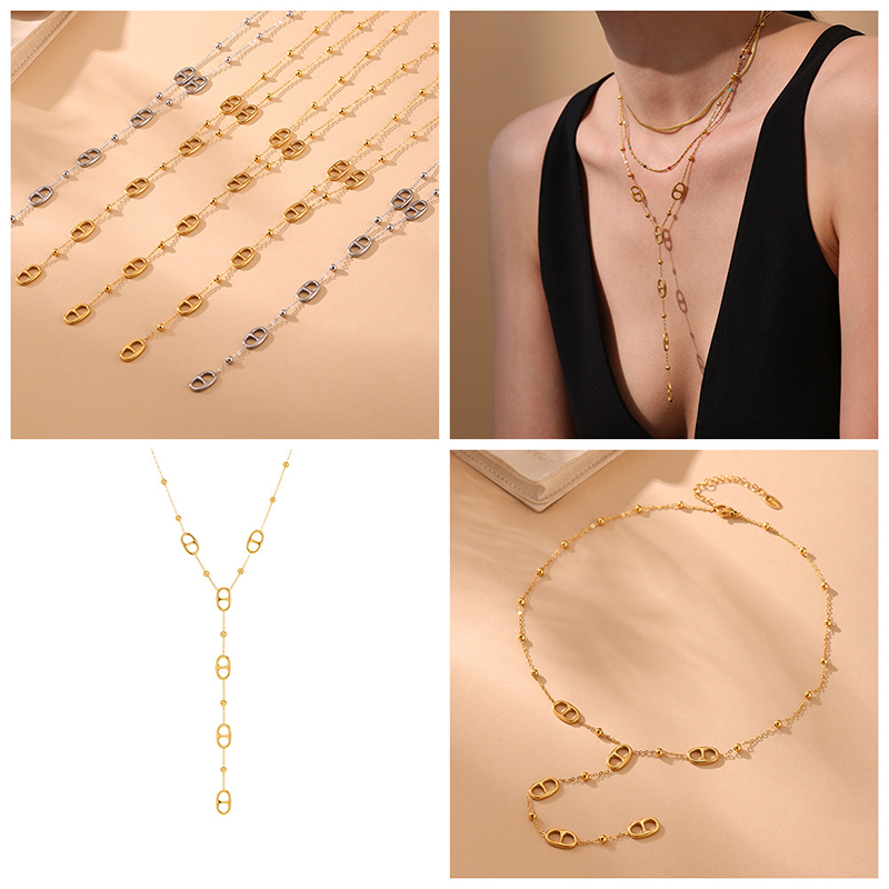 Thumbnail: Premium Stainless Steel Long Necklace Trendy Pig Nose Style Y Shape Drop Pendant